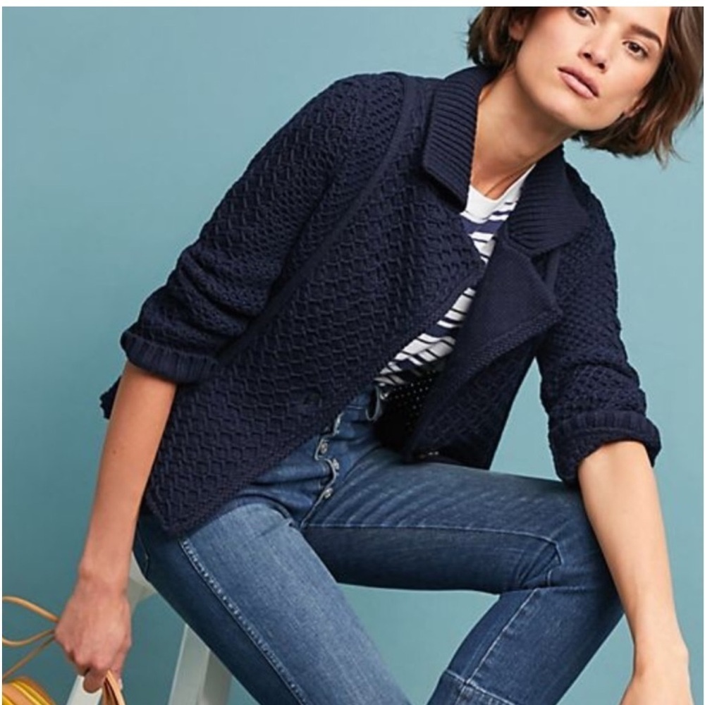 Anthro Maeve Chunky Cable Knit structured Cardigan Sweater navy Blue small - Picture 3 of 12